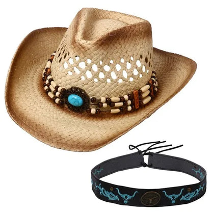 Wide Brim Straw Cowboy Hat with Decorative Band for Summer Outdoor and Festival Style