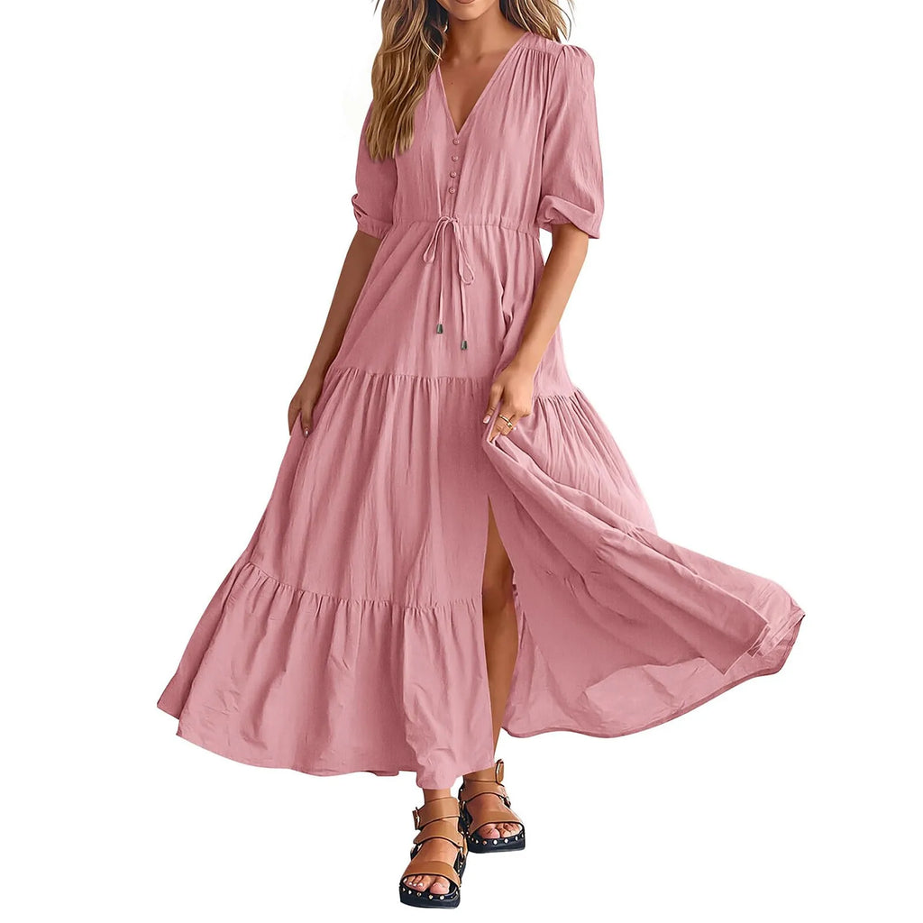 Tiered Drawstring Maxi Dress with Relaxed Flowing Contemporary Silhouette