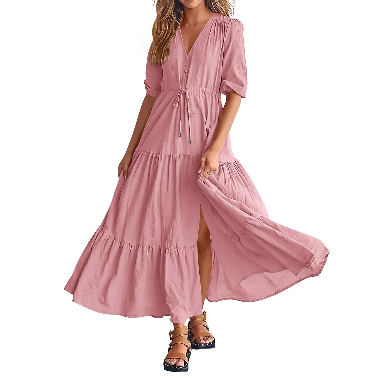 Tiered Drawstring Maxi Dress with Relaxed Flowing Contemporary Silhouette