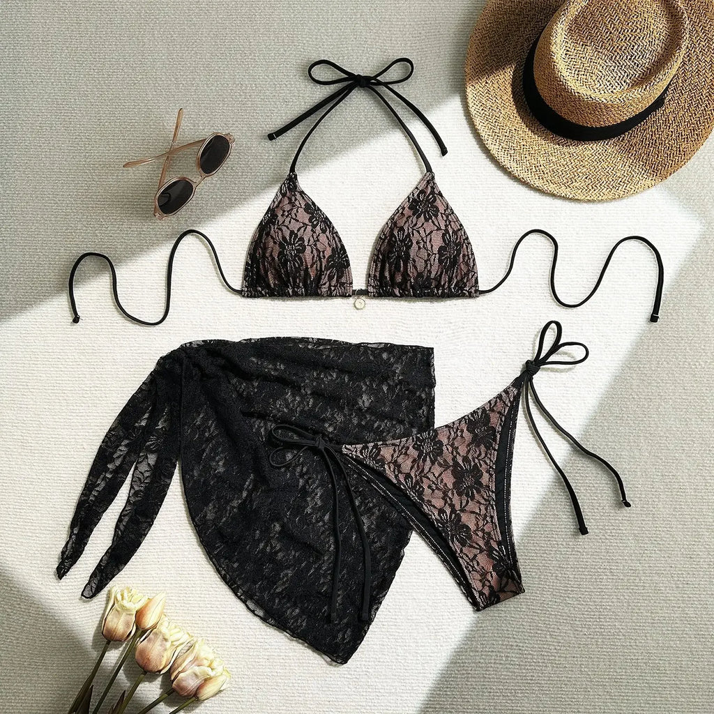 Crimson and Black Lace-Patterned Three-Piece String Bikini and Sarong Set