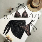 Crimson and Black Lace-Patterned Three-Piece String Bikini and Sarong Set