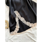 Black Satin-Look V-Neck Mini Nightgown with Contrast Lace Trim, Fine Straps and Elegant Sleeveless Silhouette