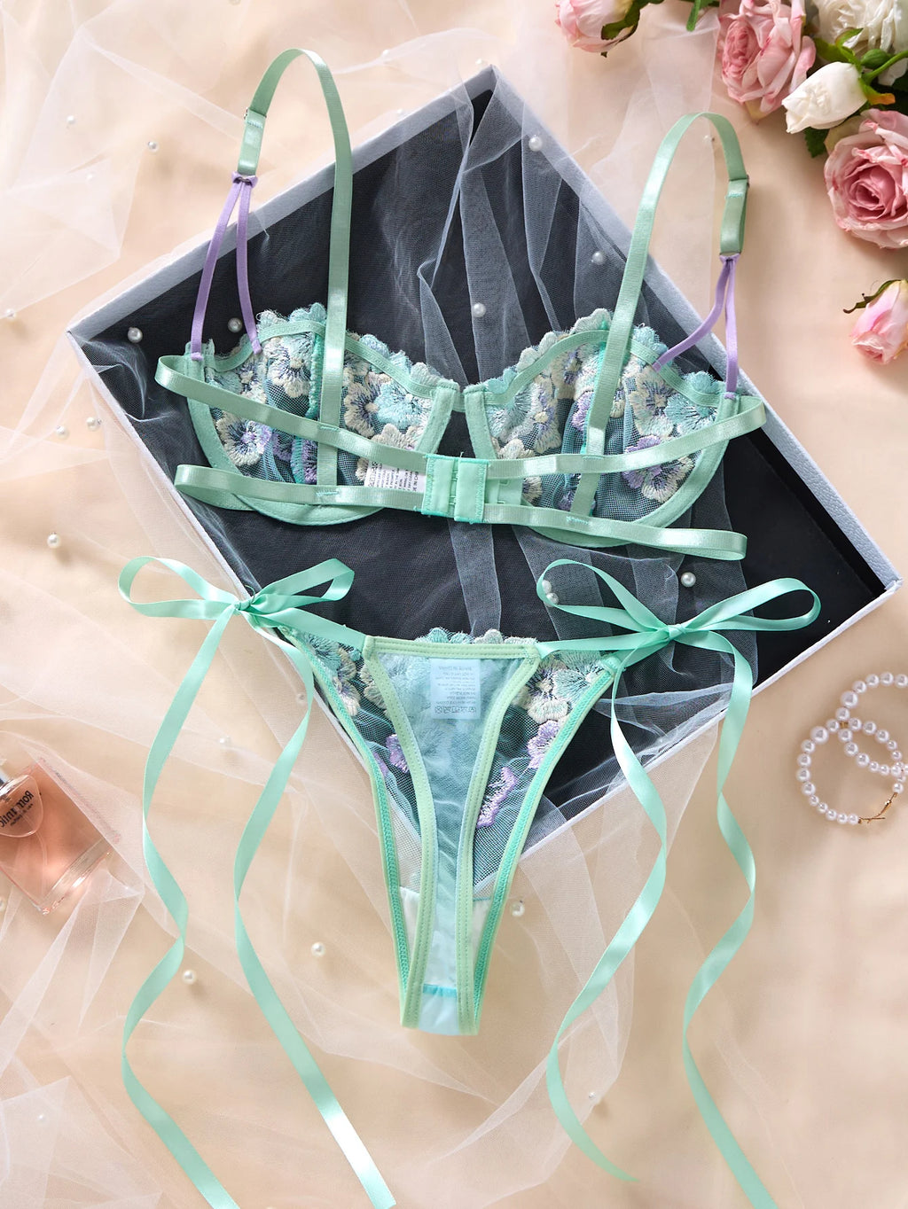 Ethereal Mint Green Underwire Bra and Tie-Side Panty Set with Lavender Embroidery