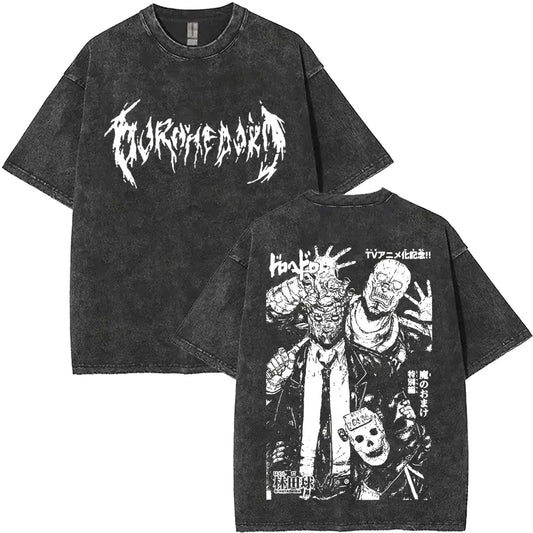 Anime Goth Vintage Graphic T-Shirt with Distressed Horror Manga Design
