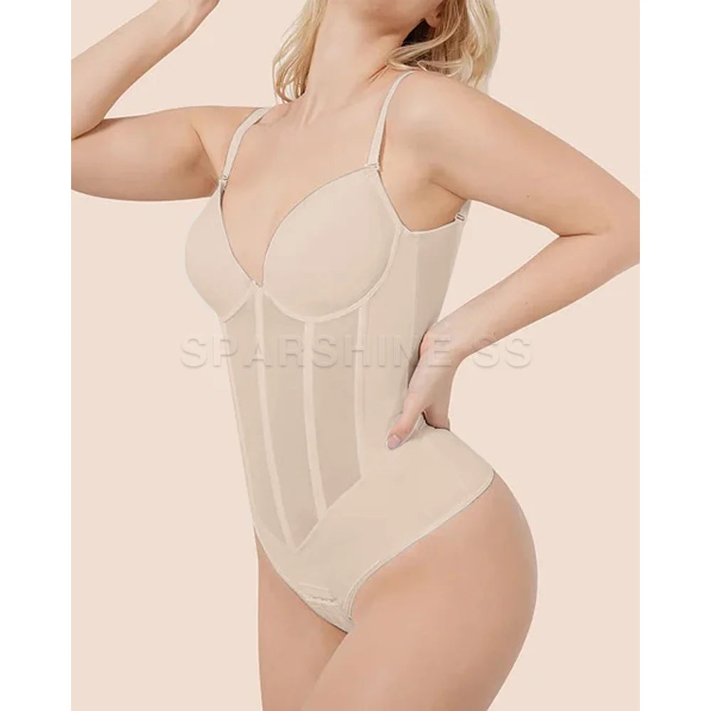 Plunging V-Neck Bodysuit with Vertical Sheer Paneling and Defined Bust Contour