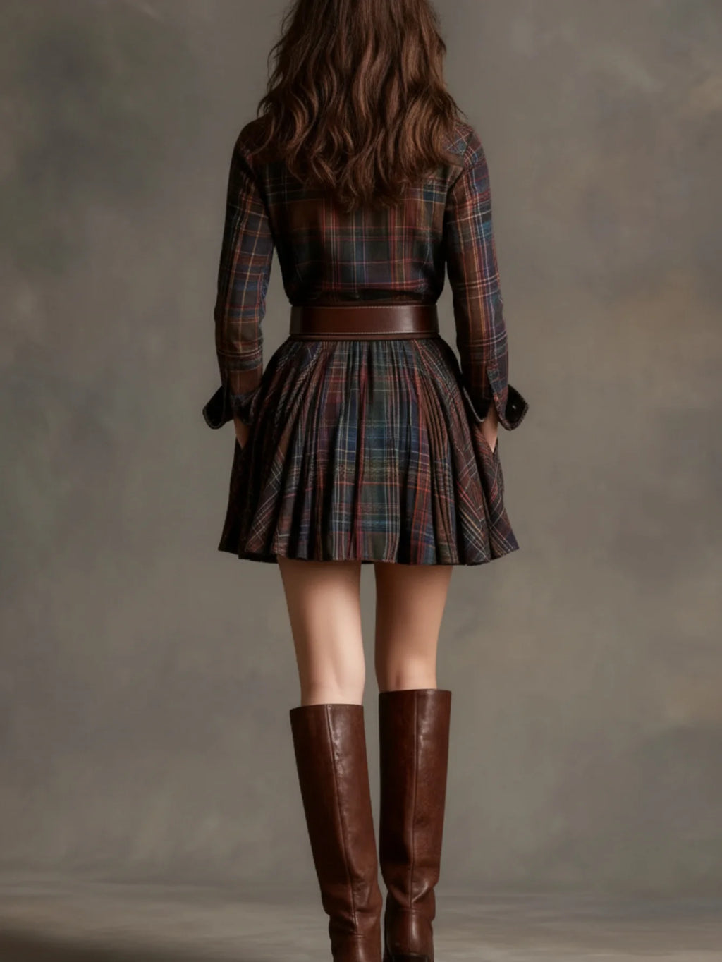 Classic Brown Plaid Long-Sleeve Shirt Dress with Pleated Mini Skirt