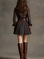 Classic Brown Plaid Long-Sleeve Shirt Dress with Pleated Mini Skirt
