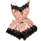 Women's Satin Lace Pajama Set with V-Neck Camisole Top, Matching Shorts, Delicate Lace Trim and Spaghetti Straps