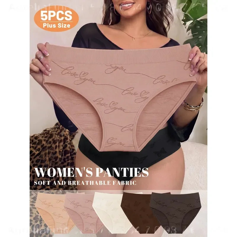 5-Piece Plus-Size Women’s Briefs Set with High-Rise Triangle Silhouette, Lace Texture and Assorted Soft Colors