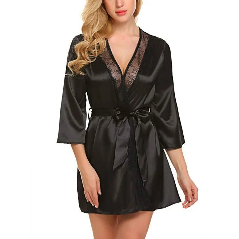 Sophisticated Satin-Finish Wrap Robe with Sheer Lace Lapel Paneling