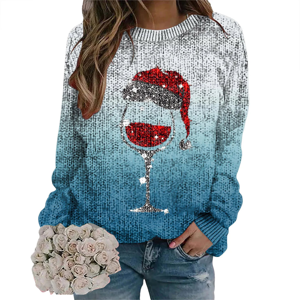 Women's Festive Graphic Crew Neck Thick Knit Pullover Sweater With Relaxed Fit