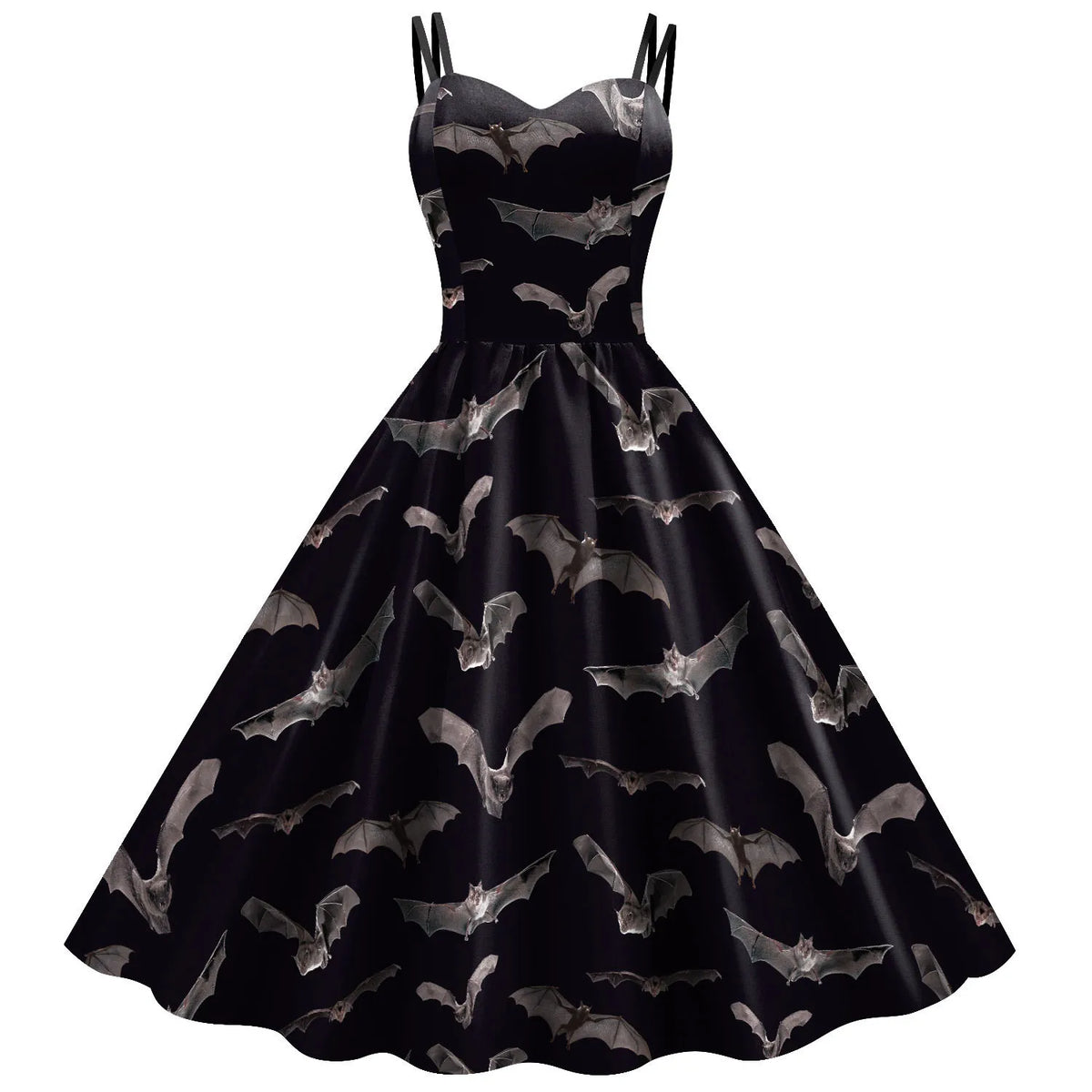 Retro 1950s Swing Dress with Sweetheart Neckline and Bat Print Motif