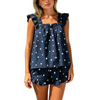 Women's Polka Dot Ruffle Trim Sleeveless Pajama Shorts Set Relaxed Lounge Sleepwear
