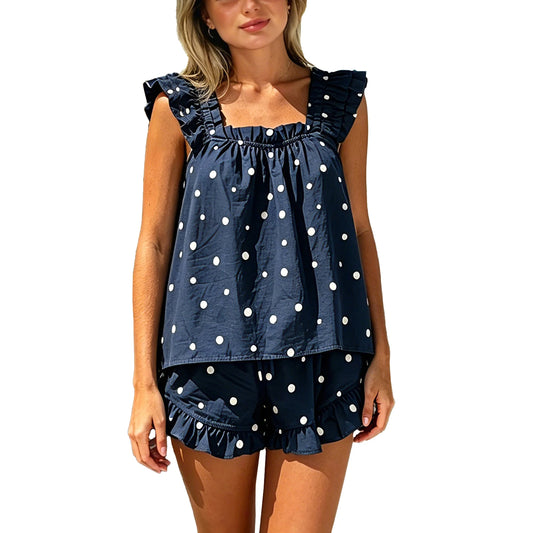 Women's Polka Dot Ruffle Trim Sleeveless Pajama Shorts Set Relaxed Lounge Sleepwear
