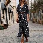 Button Front Polka Dot Maxi Shirt Dress with Belt and Side Split