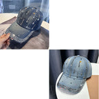 Distressed Denim Adjustable Baseball Cap with Embroidered Details for Casual Everyday Streetwear Style