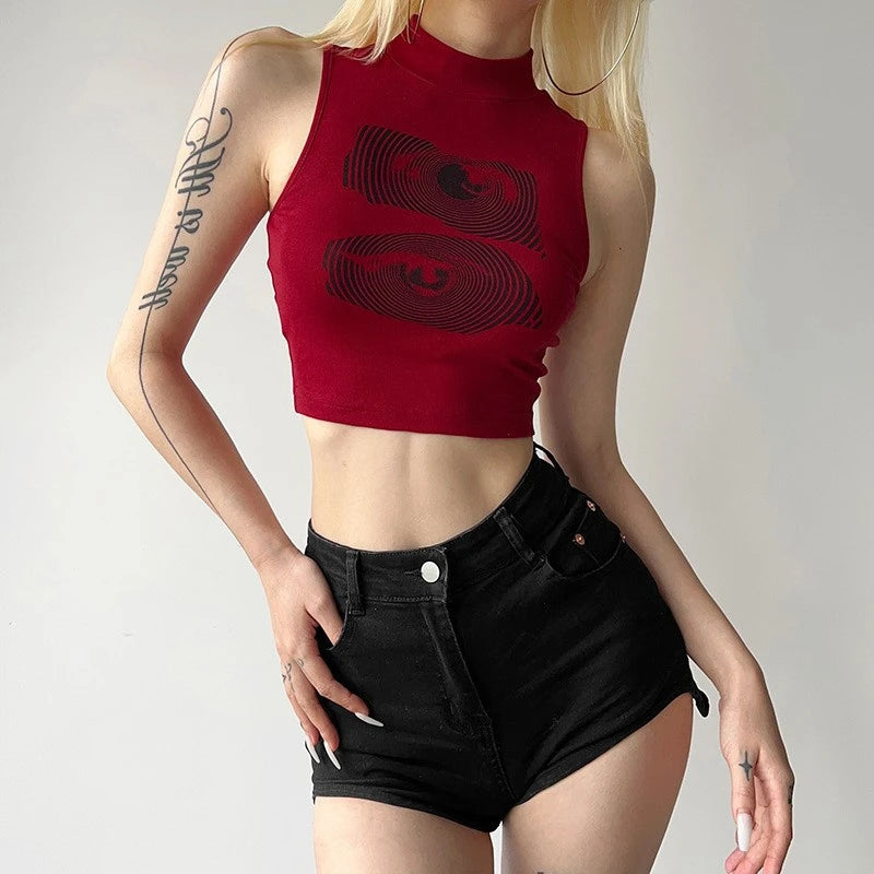 Women's High Neck Cropped Tank Top with Graphic Front Contemporary Streetwear Fashion Style