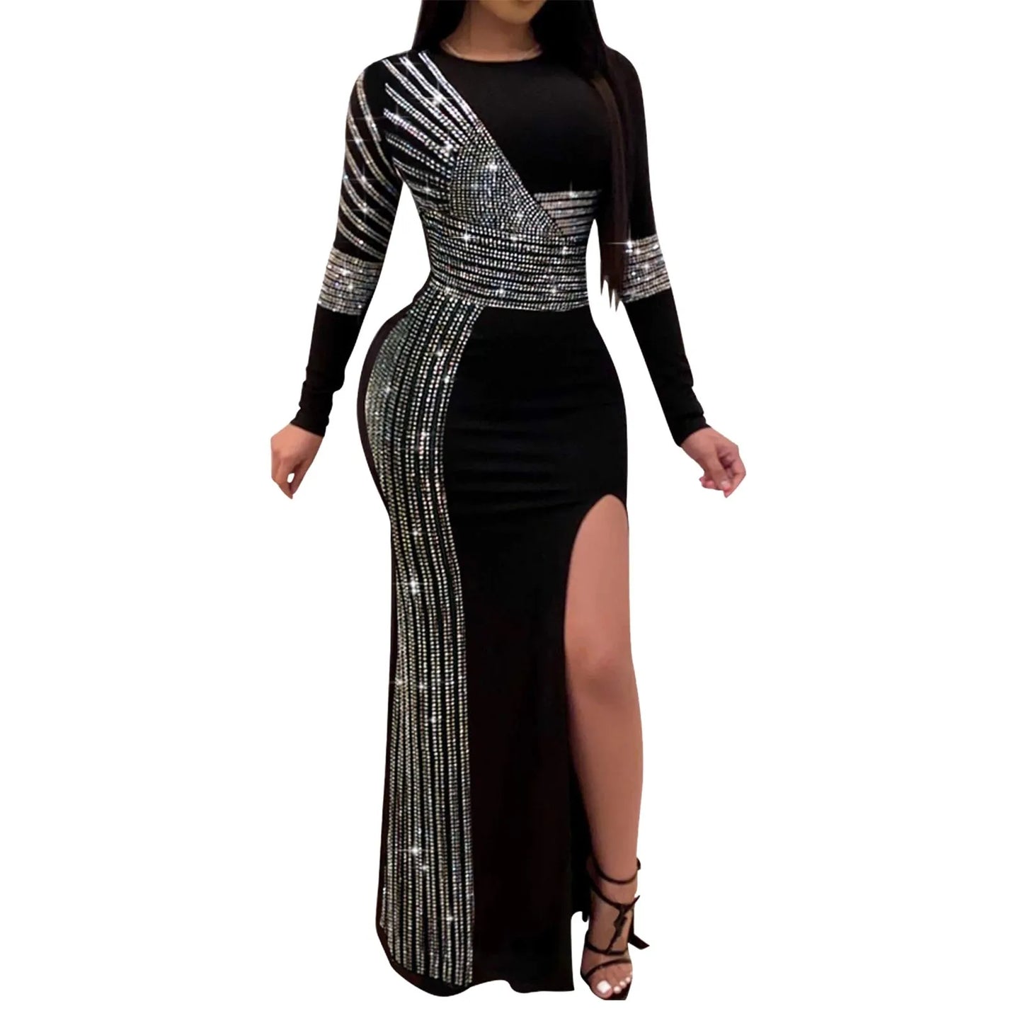 Metallic Stripe Cutout Gothic Eveningwear Bodycon Maxi Dress