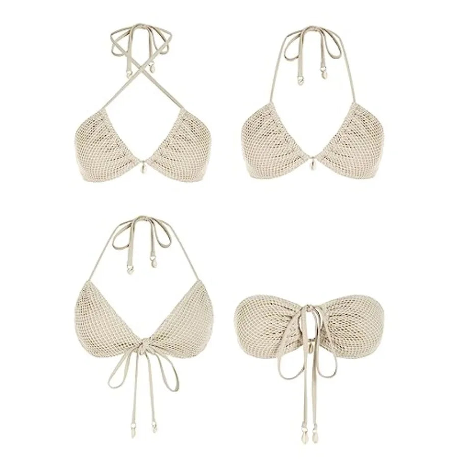 Women's Multiway Triangle Bikini Set with Fishnet Detailing, Tie-Side Bottom and Adjustable Halter Styling