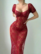 Romantic Sheer Floral Lace Maxi Dress with Dramatic Side Slits