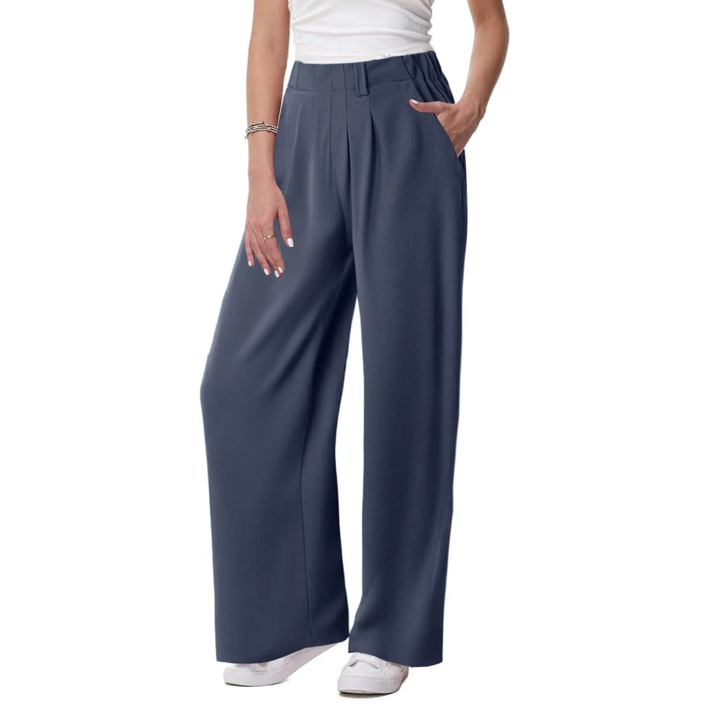 Women's Low Rise Loose Palazzo Pants with Pleated Front and Pocket Casual Streetwear Style