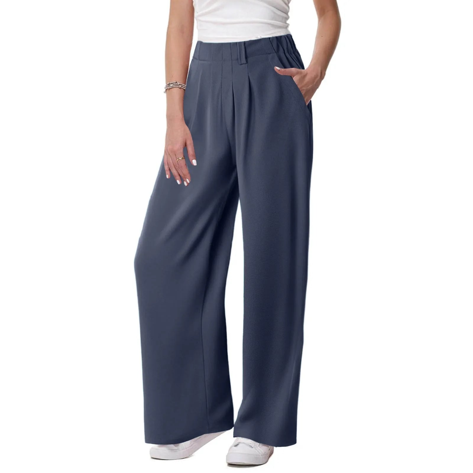 Women's Low Rise Loose Palazzo Pants with Pleated Front and Pocket Casual Streetwear Style