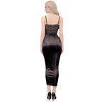 Sheer Black Mesh Bodycon Midi Dress with Floral Lace Bodice