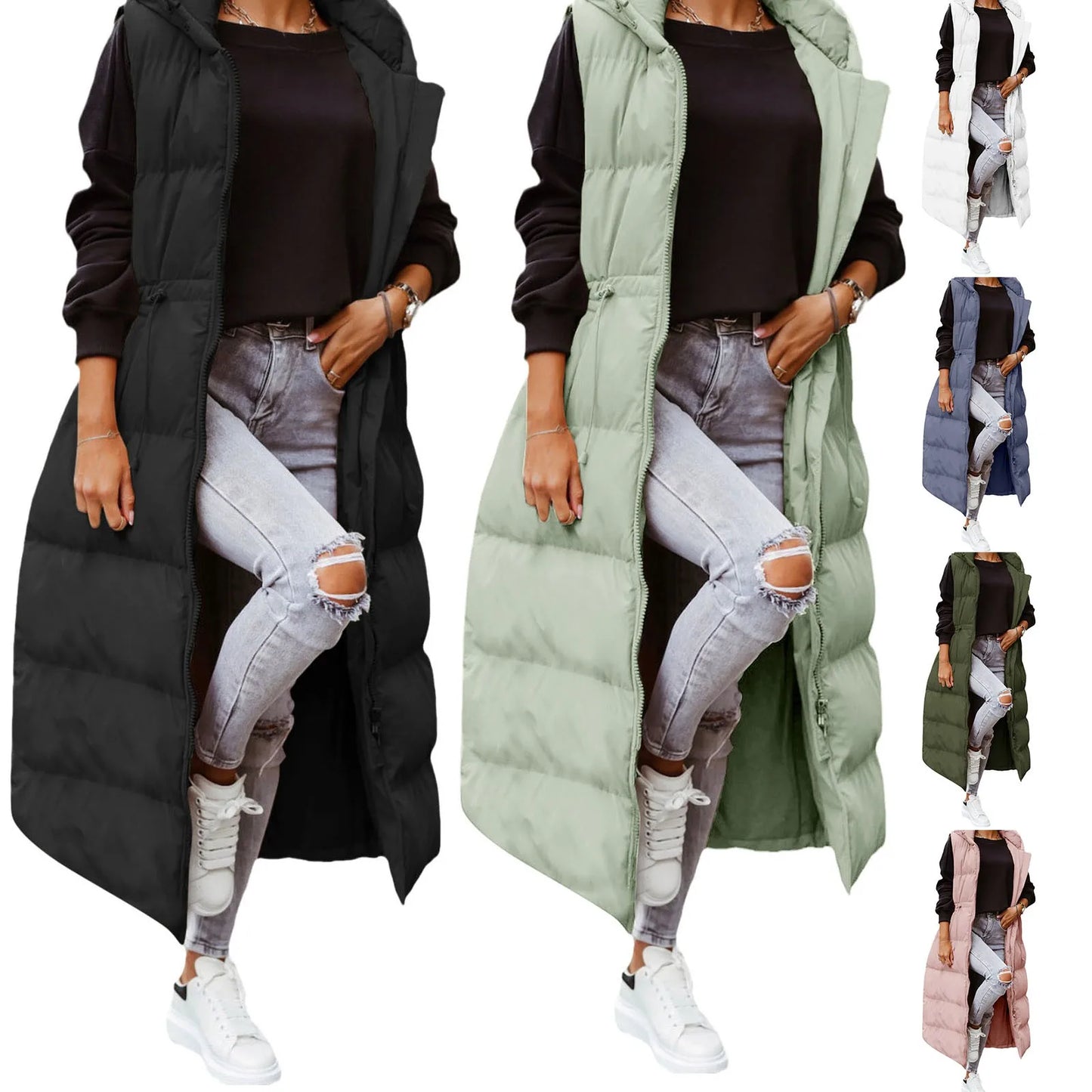 Women's Long Hooded Quilted Puffer Vest Relaxed Casual Winter Layering Outerwear