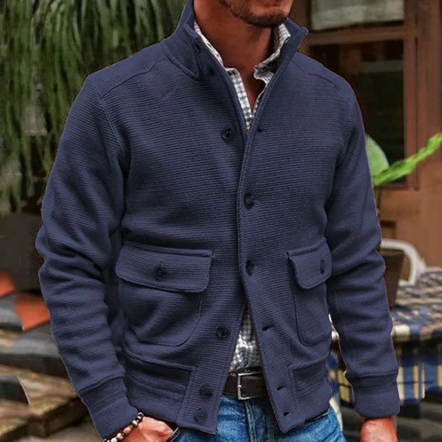 Men's Knit Button Front Cardigan Jacket with Utility Pockets for Contemporary Casual Streetwear