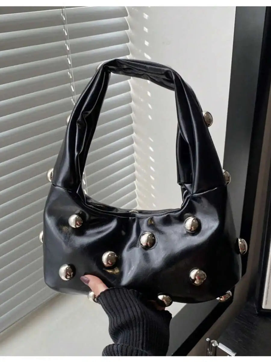 Vintage Inspired Half Moon Shoulder Bag with Rivet Accent Details