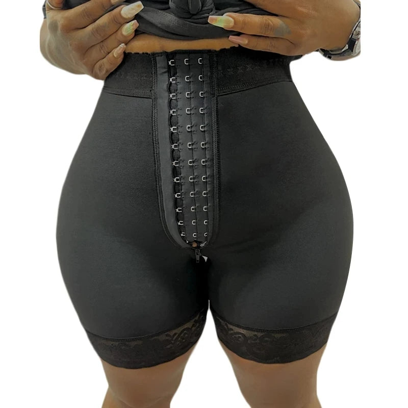 High-Waisted Structured Shaping Short with Front Hook Closure and Lace Hem