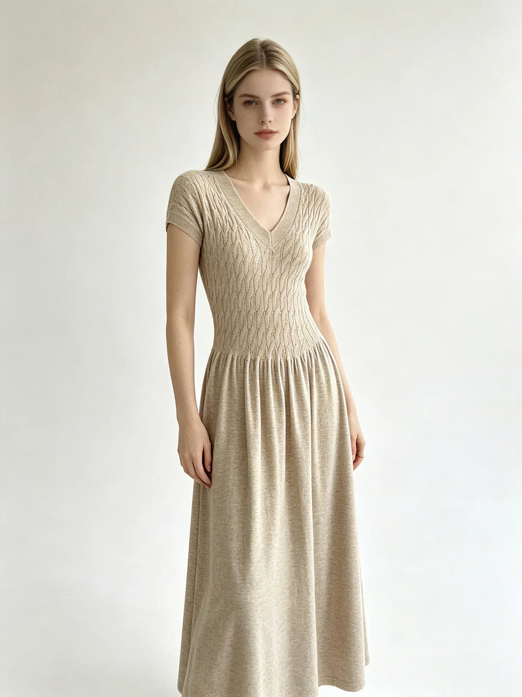 Elegant Short-Sleeve Smocked A-Line Midi Dress in Classic Black
