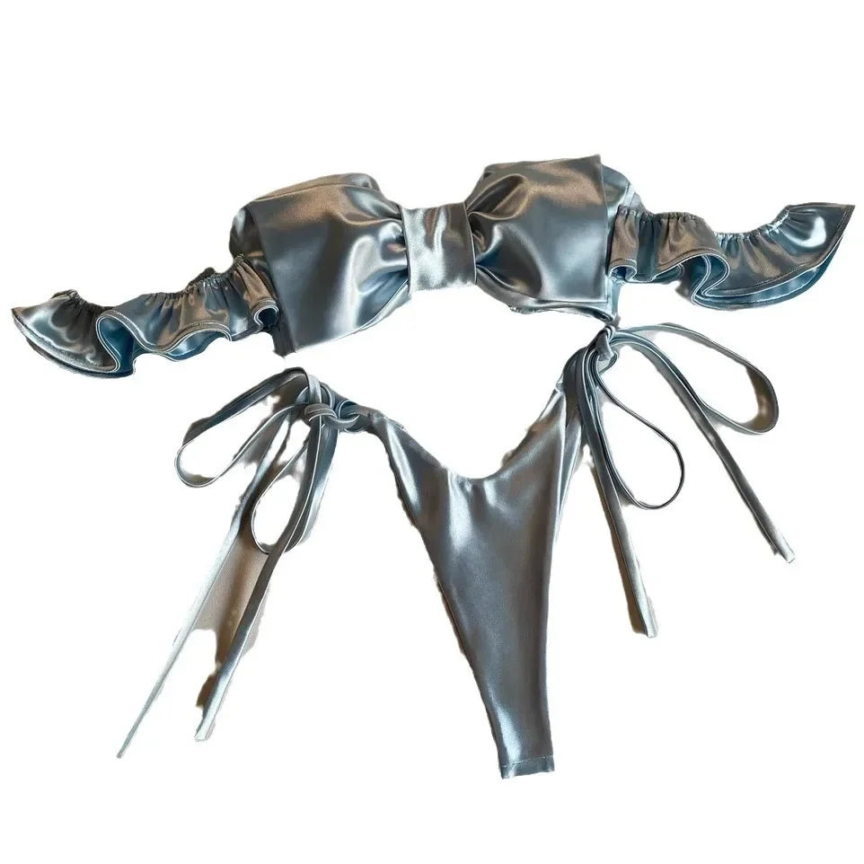 Metallic Pink Bandeau Bikini with Oversized Center Bow and Ruffled Trim