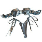 Metallic Pink Bandeau Bikini with Oversized Center Bow and Ruffled Trim