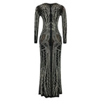 Sheer Sleeve Rhinestone Detail Maxi Dress with Bodycon Silhouette and Slit