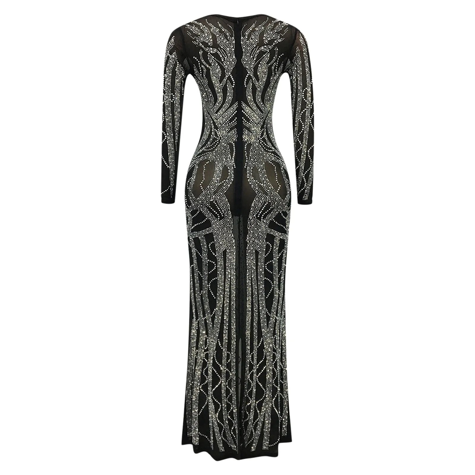 Sheer Sleeve Rhinestone Detail Maxi Dress with Bodycon Silhouette and Slit