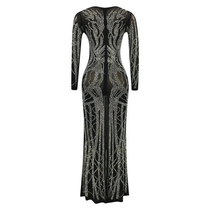 Sheer Sleeve Rhinestone Detail Maxi Dress with Bodycon Silhouette and Slit