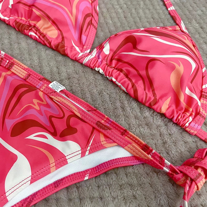 Blue and Green Abstract Swirl Print Triangle String Bikini