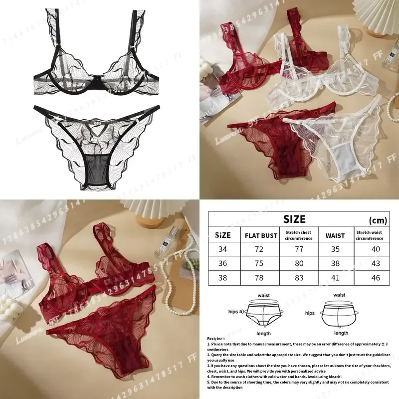 Sheer Mesh Unlined Underwire Bra and Panty Set with Botanical Leaf Embroidery