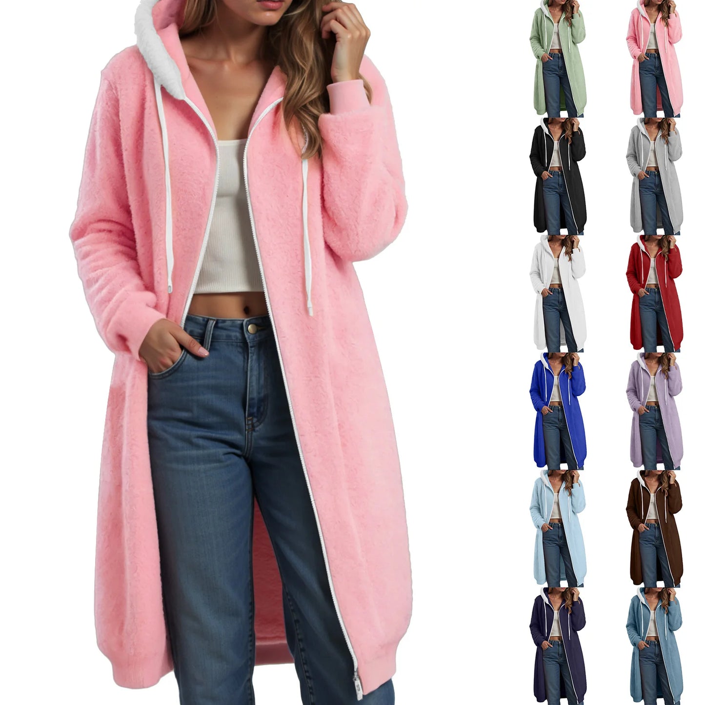 Longline Plush Fleece Hooded Jacket with Relaxed Streetwear Layering Fit