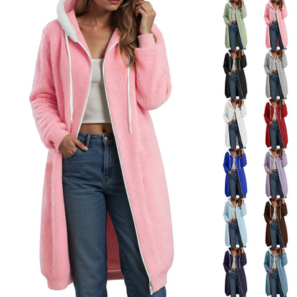 Longline Plush Fleece Hooded Jacket with Relaxed Streetwear Layering Fit