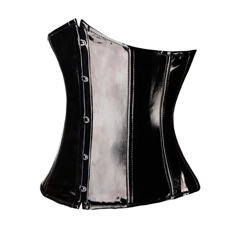 High-Shine Black Faux Leather Underbust Waist Cincher with Front Metal Busk