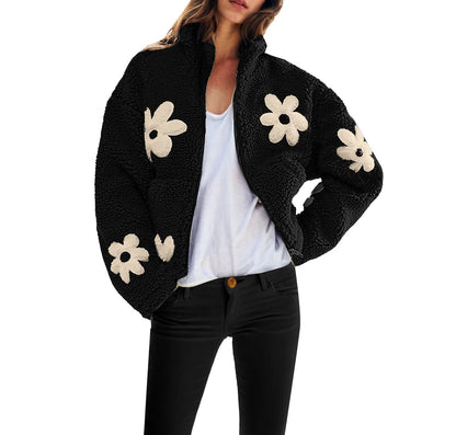 Women's Plush Floral Fleece Zip Jacket with Cozy Contemporary Casual Streetwear Style