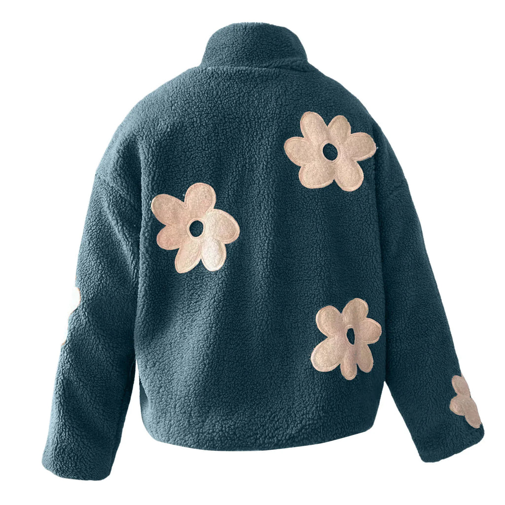 Women's Plush Floral Fleece Zip Jacket with Cozy Contemporary Casual Streetwear Style