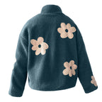 Women's Plush Floral Fleece Zip Jacket with Cozy Contemporary Casual Streetwear Style