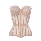 Sheer Black Floral Lace Strapless Bustier with Visible Boning Details