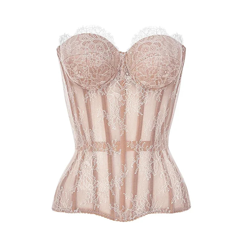 Sheer Black Floral Lace Strapless Bustier with Visible Boning Details