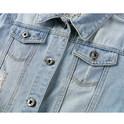 Women's Cropped Denim Jacket with Rolled Sleeves Vintage Streetwear Appeal