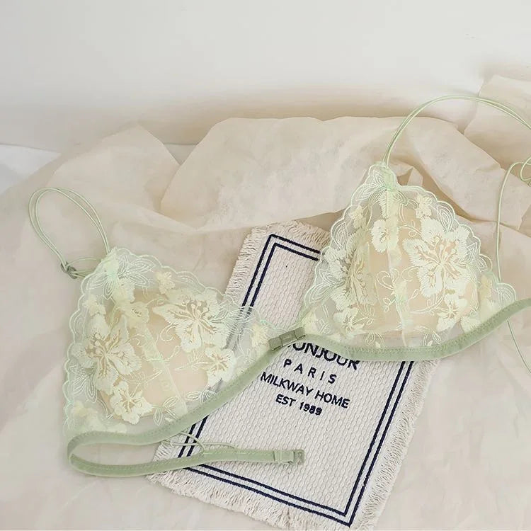 Ethereal Sheer Floral Embroidered Triangle Bralette and Matching Low-Rise Thong Set