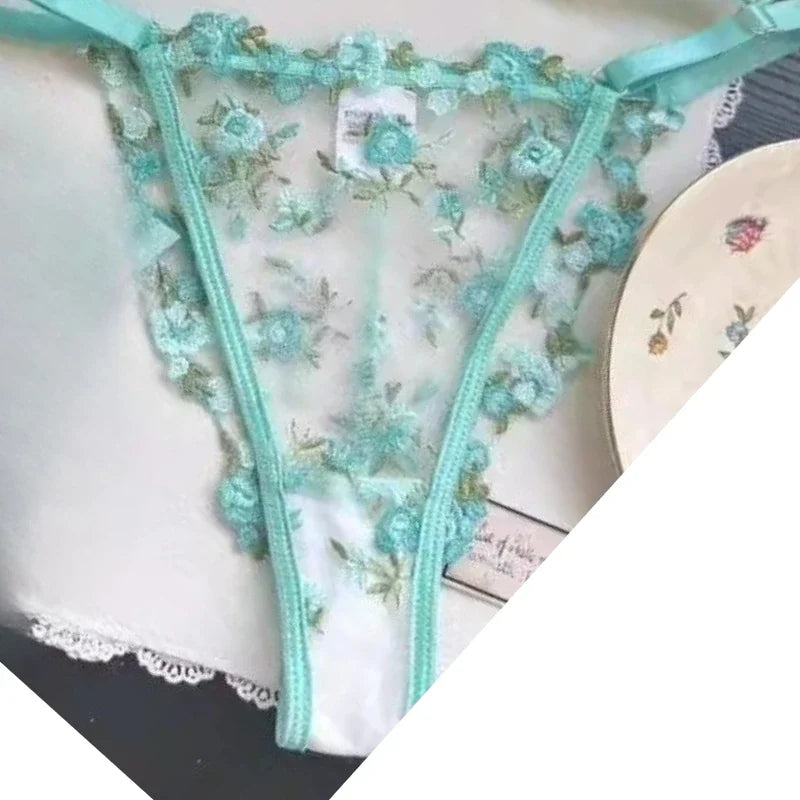Sheer Black Mesh Lingerie Set with Delicate Blue Floral Embroidery and Underwire Support